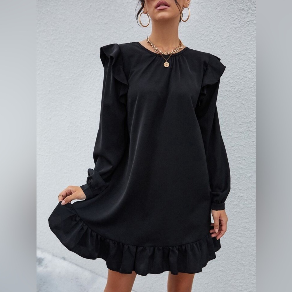 NEW Dress Forum Black Ruffle Trim Long Sleeve Dress Size M